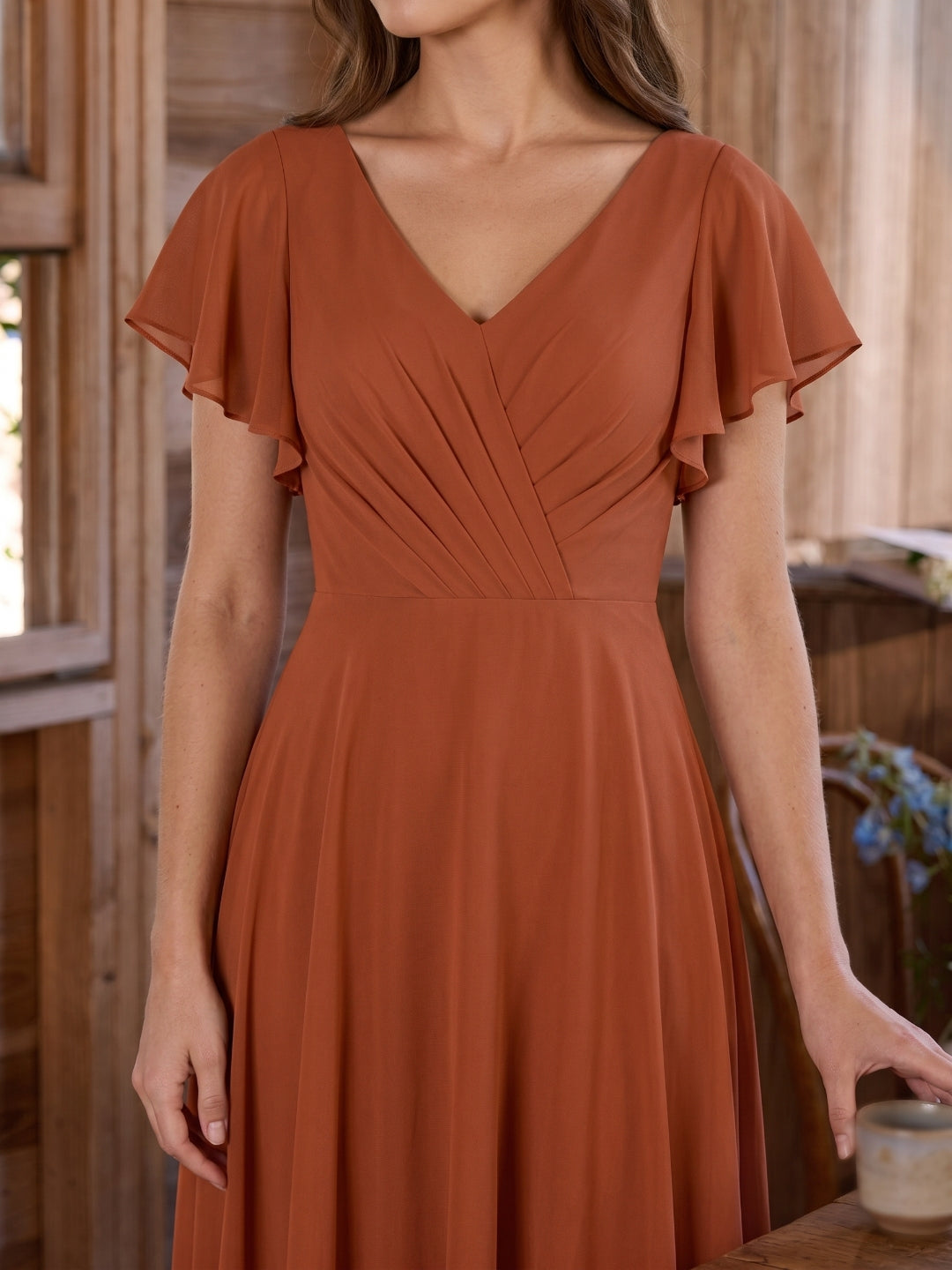 Cinnamon Chiffon A-Line V-Neck Back Zip Floor-Length Bridesmaid Dress with Ruffles - Curvevia