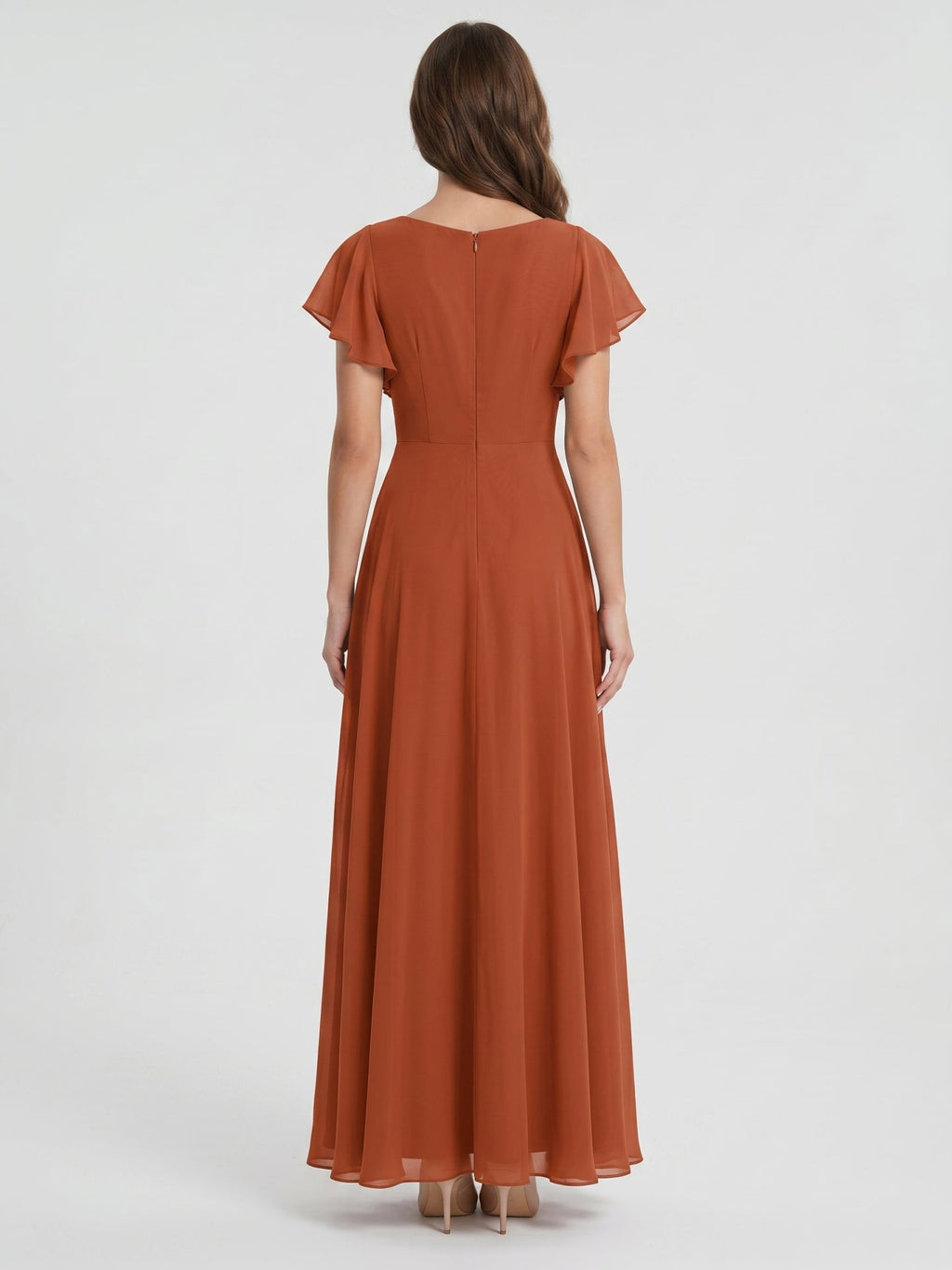 Cinnamon Chiffon A-Line V-Neck Back Zip Floor-Length Bridesmaid Dress with Ruffles - Curvevia