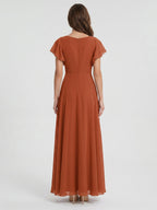 Cinnamon Chiffon A-Line V-Neck Back Zip Floor-Length Bridesmaid Dress with Ruffles - Curvevia
