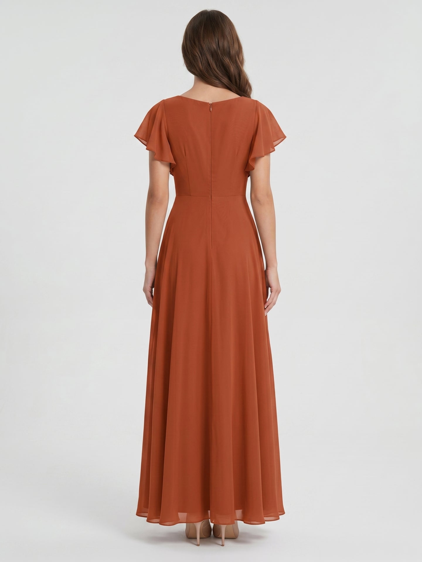 Cinnamon Chiffon A-Line V-Neck Back Zip Floor-Length Bridesmaid Dress with Ruffles - Curvevia