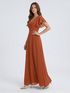 Cinnamon Chiffon A-Line V-Neck Back Zip Floor-Length Bridesmaid Dress with Ruffles - Curvevia