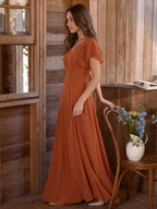Cinnamon Chiffon A-Line V-Neck Back Zip Floor-Length Bridesmaid Dress with Ruffles - Curvevia