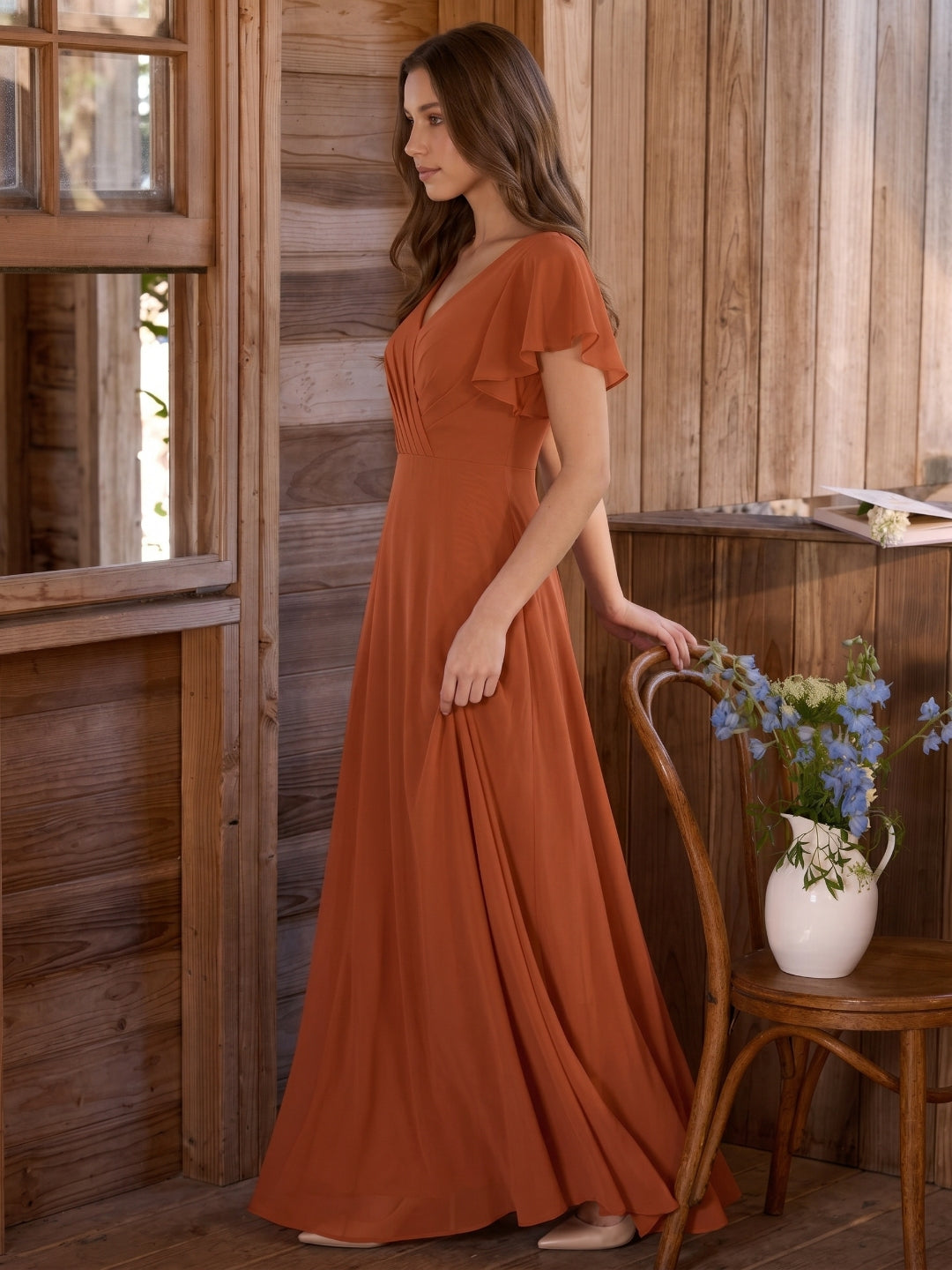 Cinnamon Chiffon A-Line V-Neck Back Zip Floor-Length Bridesmaid Dress with Ruffles - Curvevia