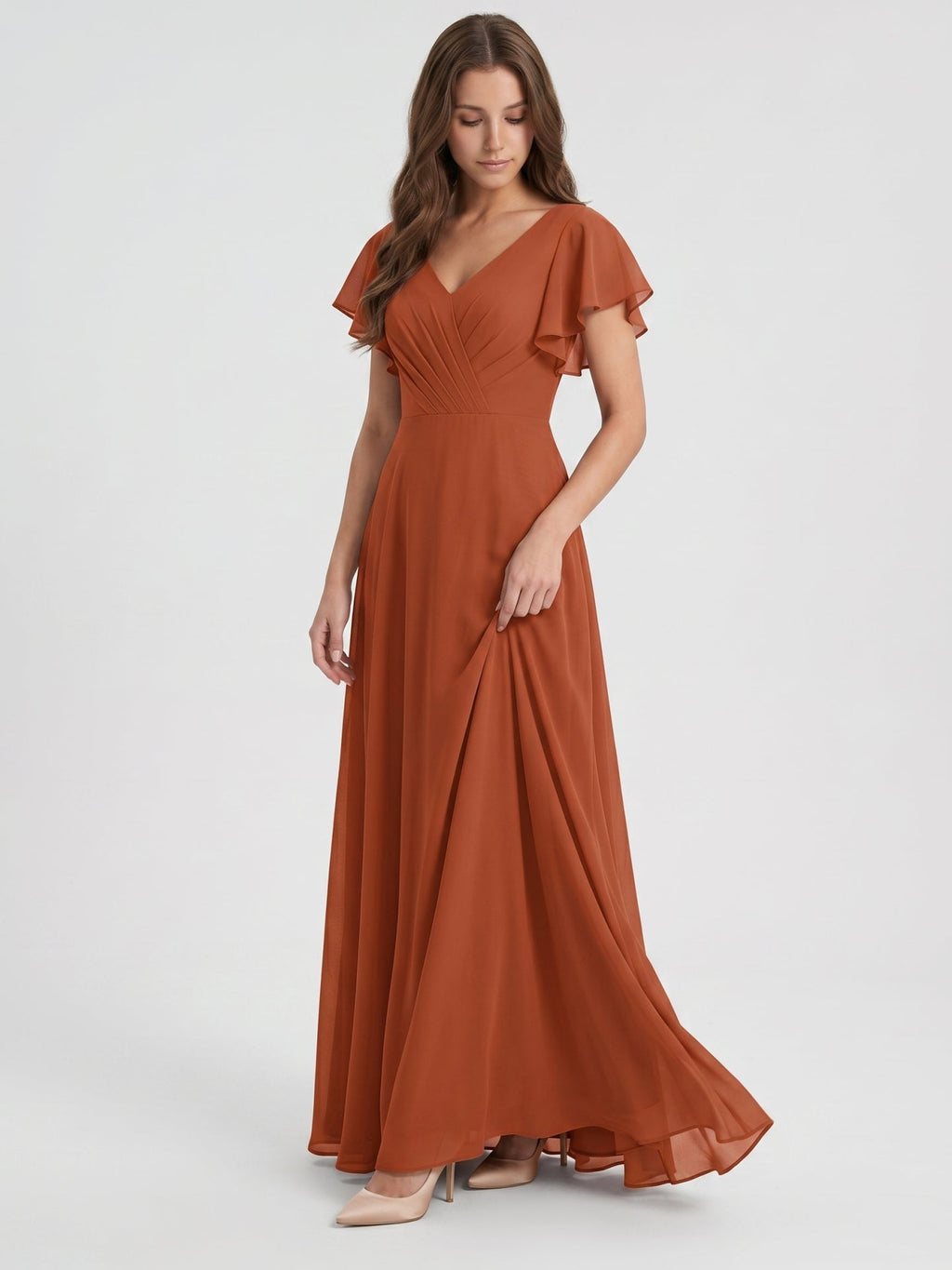 Cinnamon Chiffon A-Line V-Neck Back Zip Floor-Length Bridesmaid Dress with Ruffles - Curvevia
