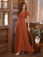 Cinnamon Chiffon A-Line V-Neck Back Zip Floor-Length Bridesmaid Dress with Ruffles - Curvevia