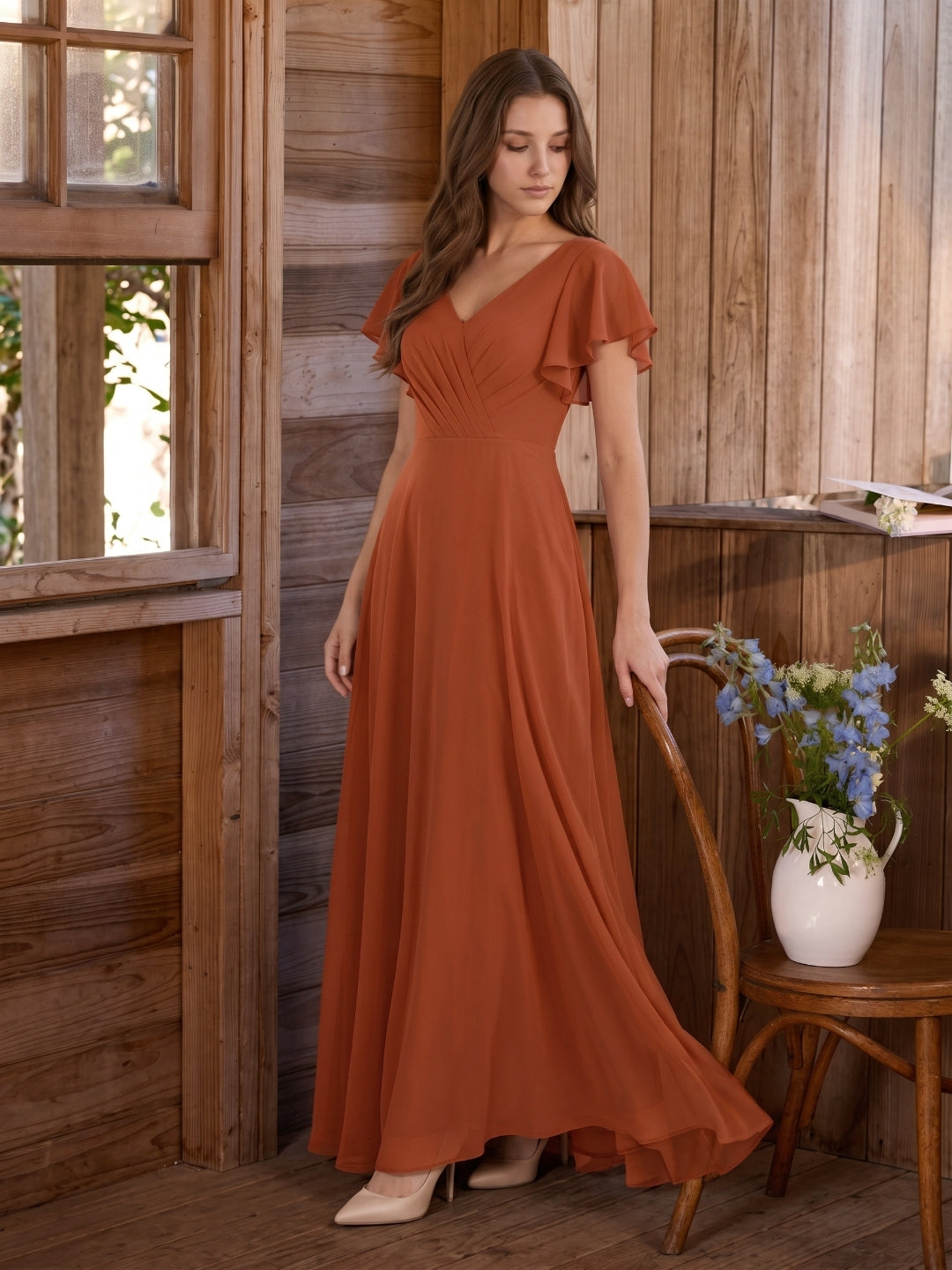Cinnamon Chiffon A-Line V-Neck Back Zip Floor-Length Bridesmaid Dress with Ruffles - Curvevia