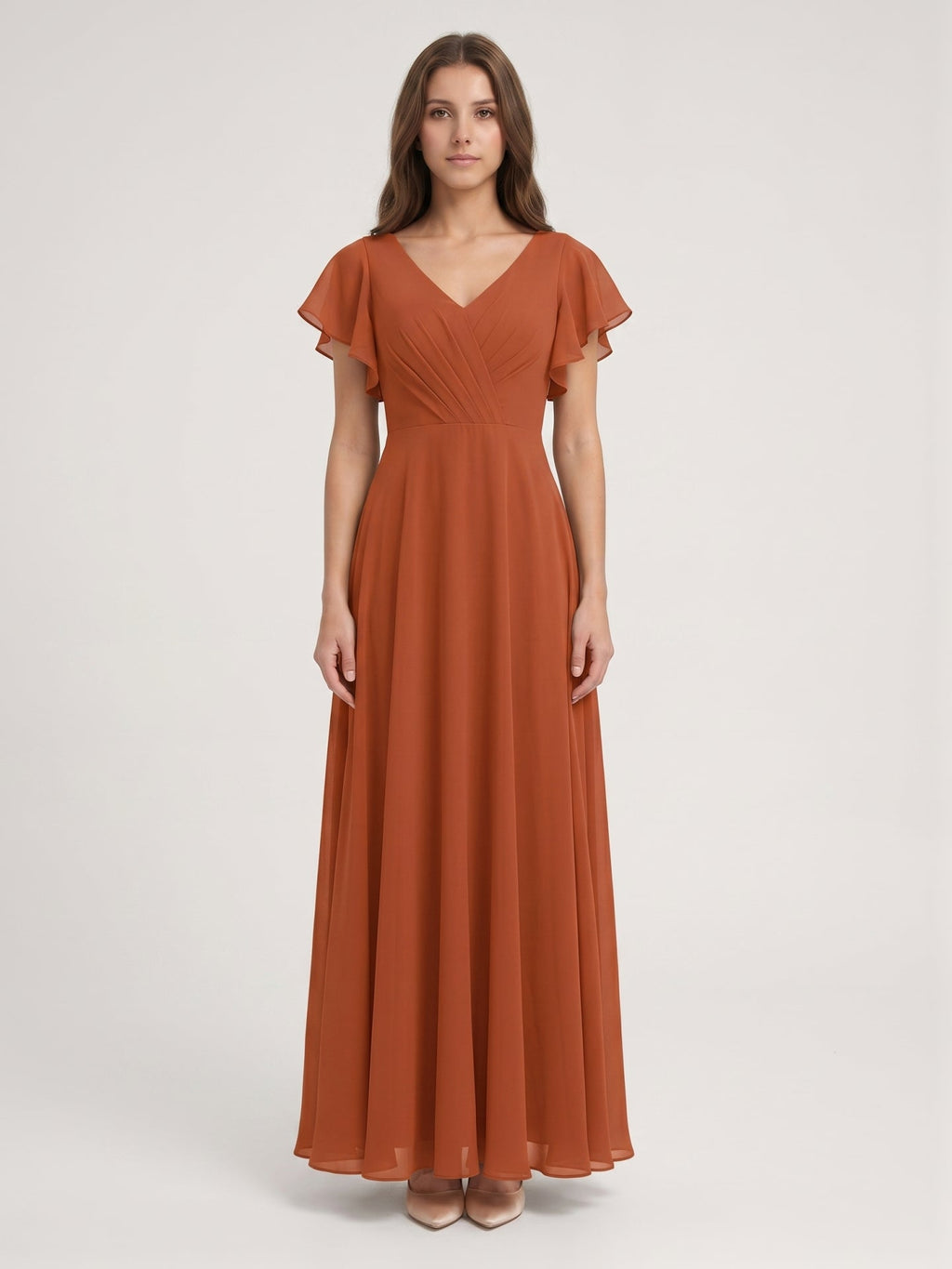 Cinnamon Chiffon A-Line V-Neck Back Zip Floor-Length Bridesmaid Dress with Ruffles - Curvevia