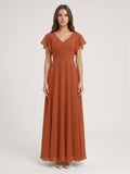 Cinnamon Chiffon A-Line V-Neck Back Zip Floor-Length Bridesmaid Dress with Ruffles - Curvevia
