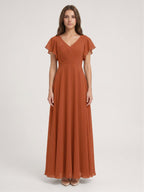 Cinnamon Chiffon A-Line V-Neck Back Zip Floor-Length Bridesmaid Dress with Ruffles - Curvevia