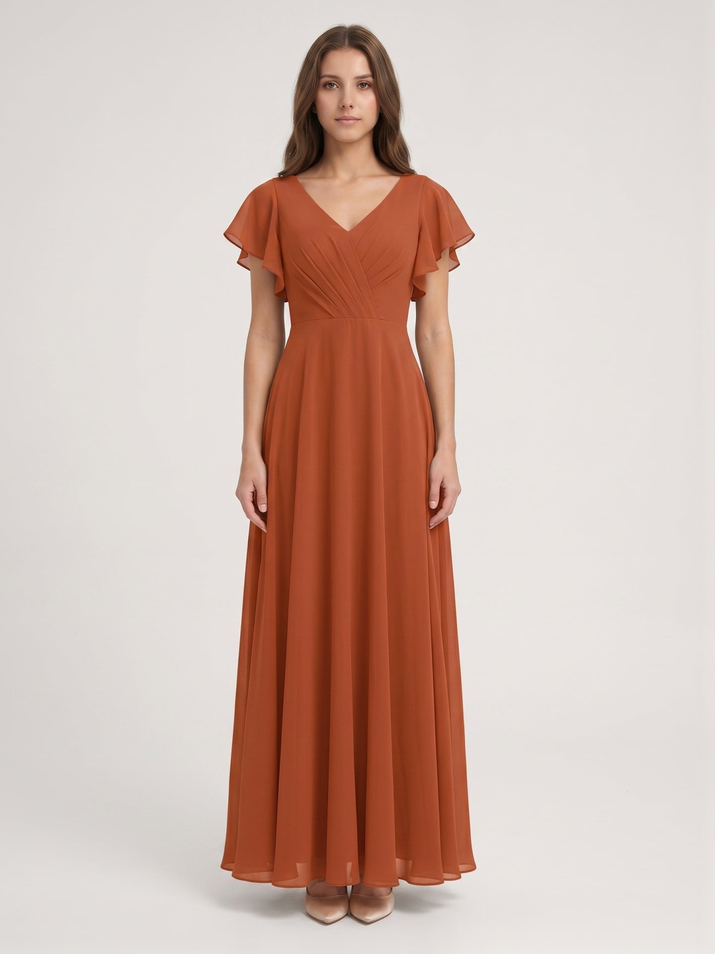 Cinnamon Chiffon A-Line V-Neck Back Zip Floor-Length Bridesmaid Dress with Ruffles - Curvevia
