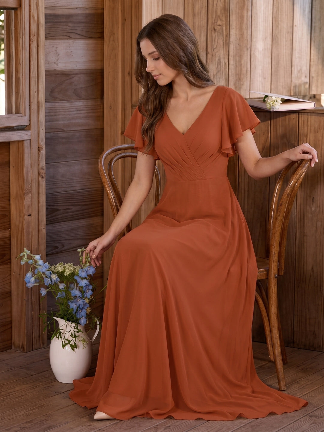 Cinnamon Chiffon A-Line V-Neck Back Zip Floor-Length Bridesmaid Dress with Ruffles - Curvevia
