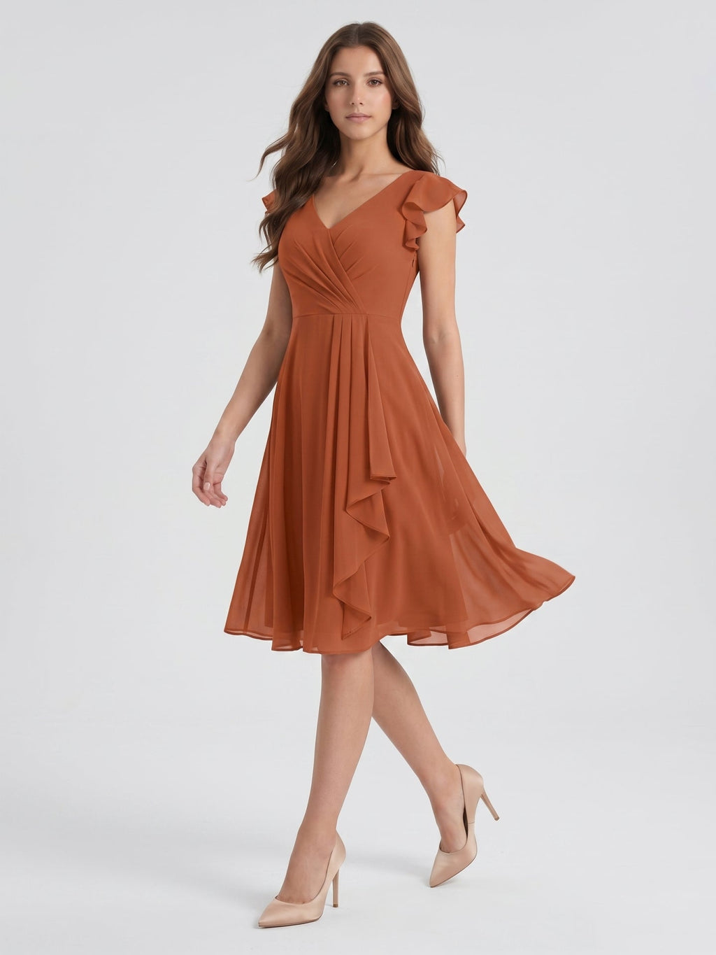 Cinnamon Chiffon A-Line V-Neck Back Zip Knee-Length Bridesmaid Dress with Ruffles - Curvevia