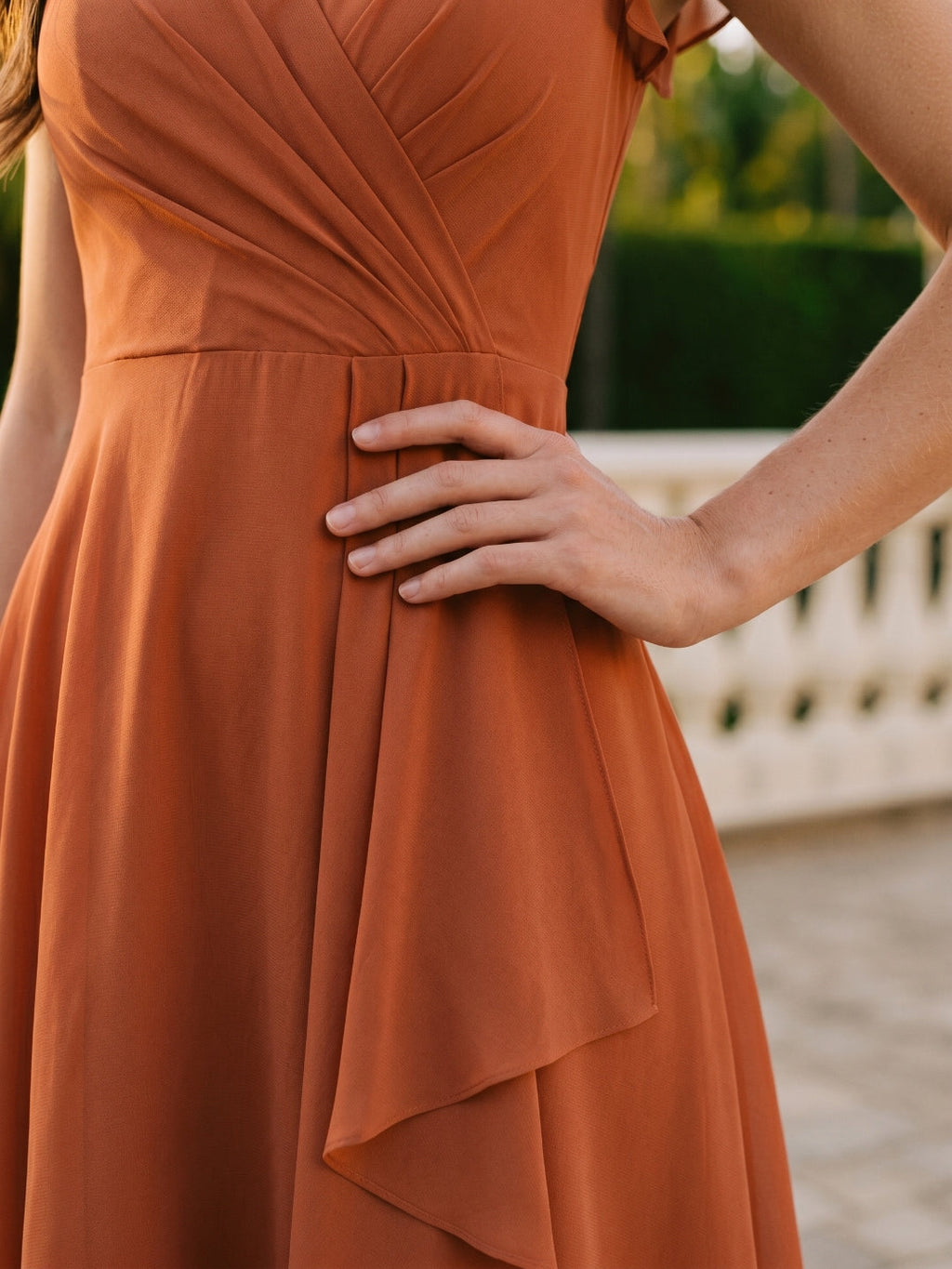 Cinnamon Chiffon A-Line V-Neck Back Zip Knee-Length Bridesmaid Dress with Ruffles - Curvevia