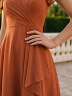 Cinnamon Chiffon A-Line V-Neck Back Zip Knee-Length Bridesmaid Dress with Ruffles - Curvevia