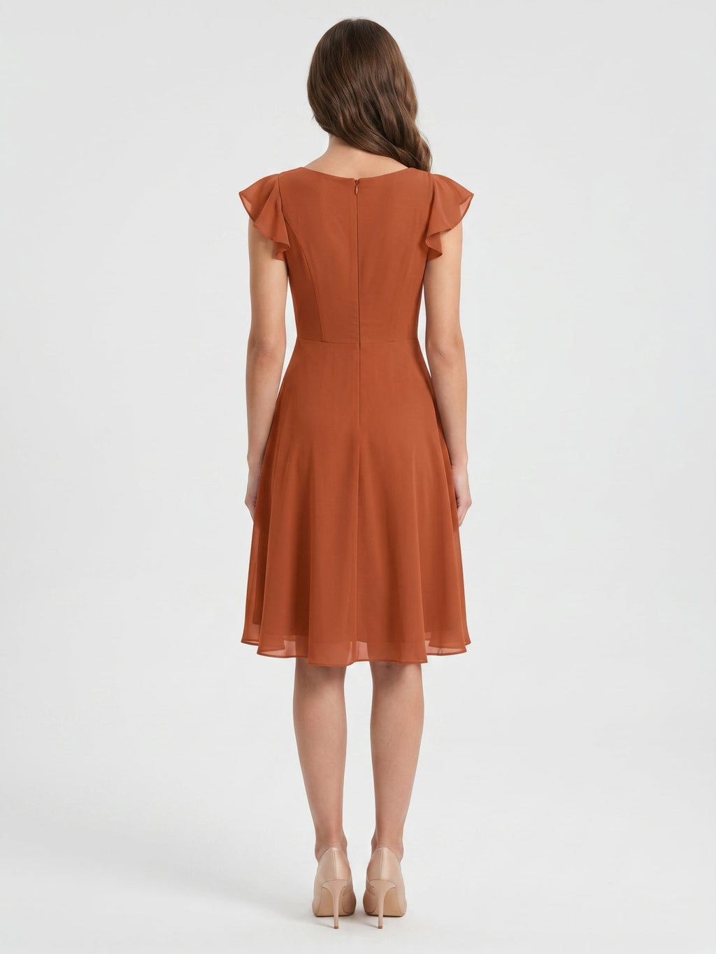 Cinnamon Chiffon A-Line V-Neck Back Zip Knee-Length Bridesmaid Dress with Ruffles - Curvevia