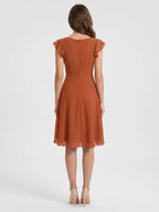 Cinnamon Chiffon A-Line V-Neck Back Zip Knee-Length Bridesmaid Dress with Ruffles - Curvevia