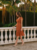 Cinnamon Chiffon A-Line V-Neck Back Zip Knee-Length Bridesmaid Dress with Ruffles - Curvevia