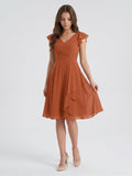 Cinnamon Chiffon A-Line V-Neck Back Zip Knee-Length Bridesmaid Dress with Ruffles - Curvevia