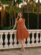 Cinnamon Chiffon A-Line V-Neck Back Zip Knee-Length Bridesmaid Dress with Ruffles - Curvevia