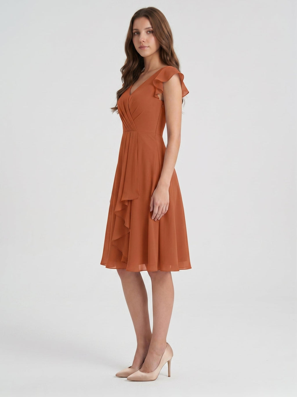 Cinnamon Chiffon A-Line V-Neck Back Zip Knee-Length Bridesmaid Dress with Ruffles - Curvevia