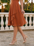 Cinnamon Chiffon A-Line V-Neck Back Zip Knee-Length Bridesmaid Dress with Ruffles - Curvevia
