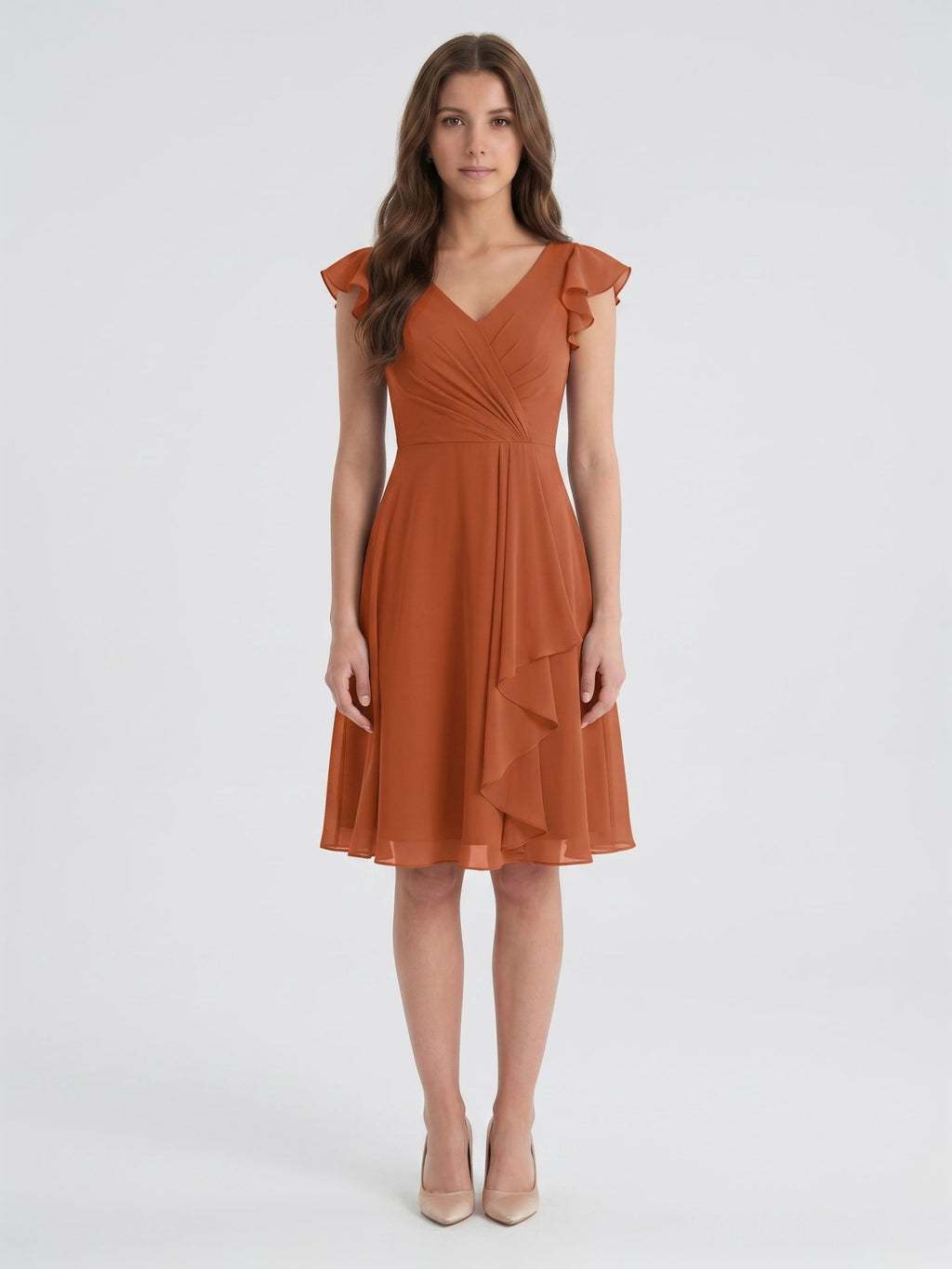 Cinnamon Chiffon A-Line V-Neck Back Zip Knee-Length Bridesmaid Dress with Ruffles - Curvevia