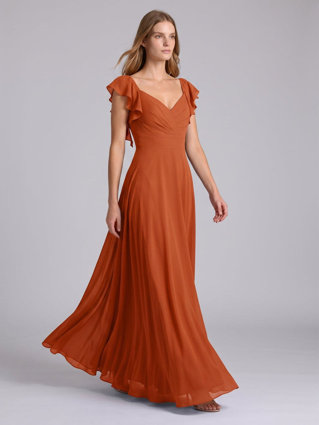 Cinnamon Chiffon A-Line V-Neck Backless Floor-Length Bridesmaid Dress with Ruffles - Curvevia