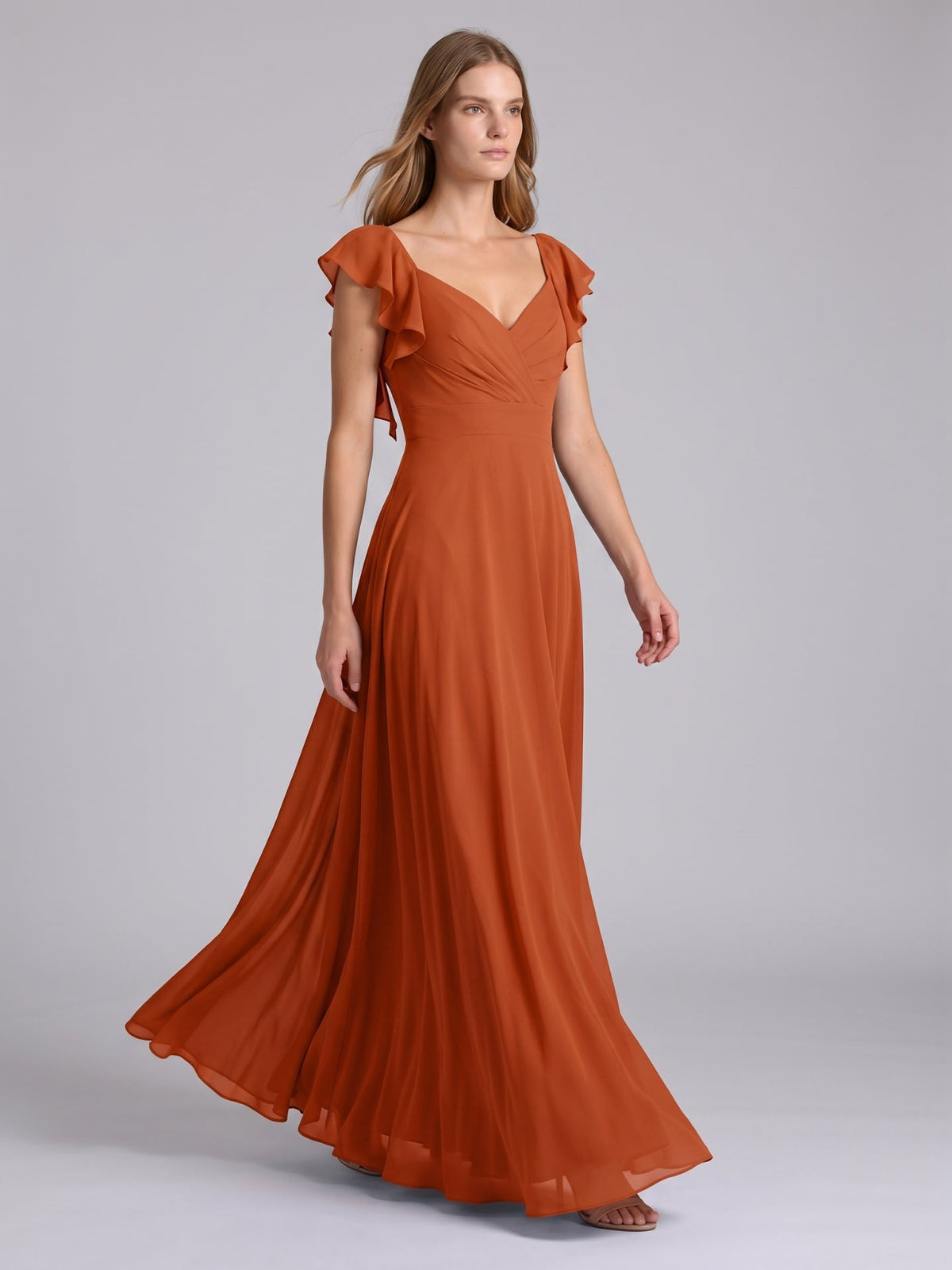 Cinnamon Chiffon A-Line V-Neck Backless Floor-Length Bridesmaid Dress with Ruffles - Curvevia