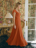 Cinnamon Chiffon A-Line V-Neck Backless Floor-Length Bridesmaid Dress with Ruffles - Curvevia