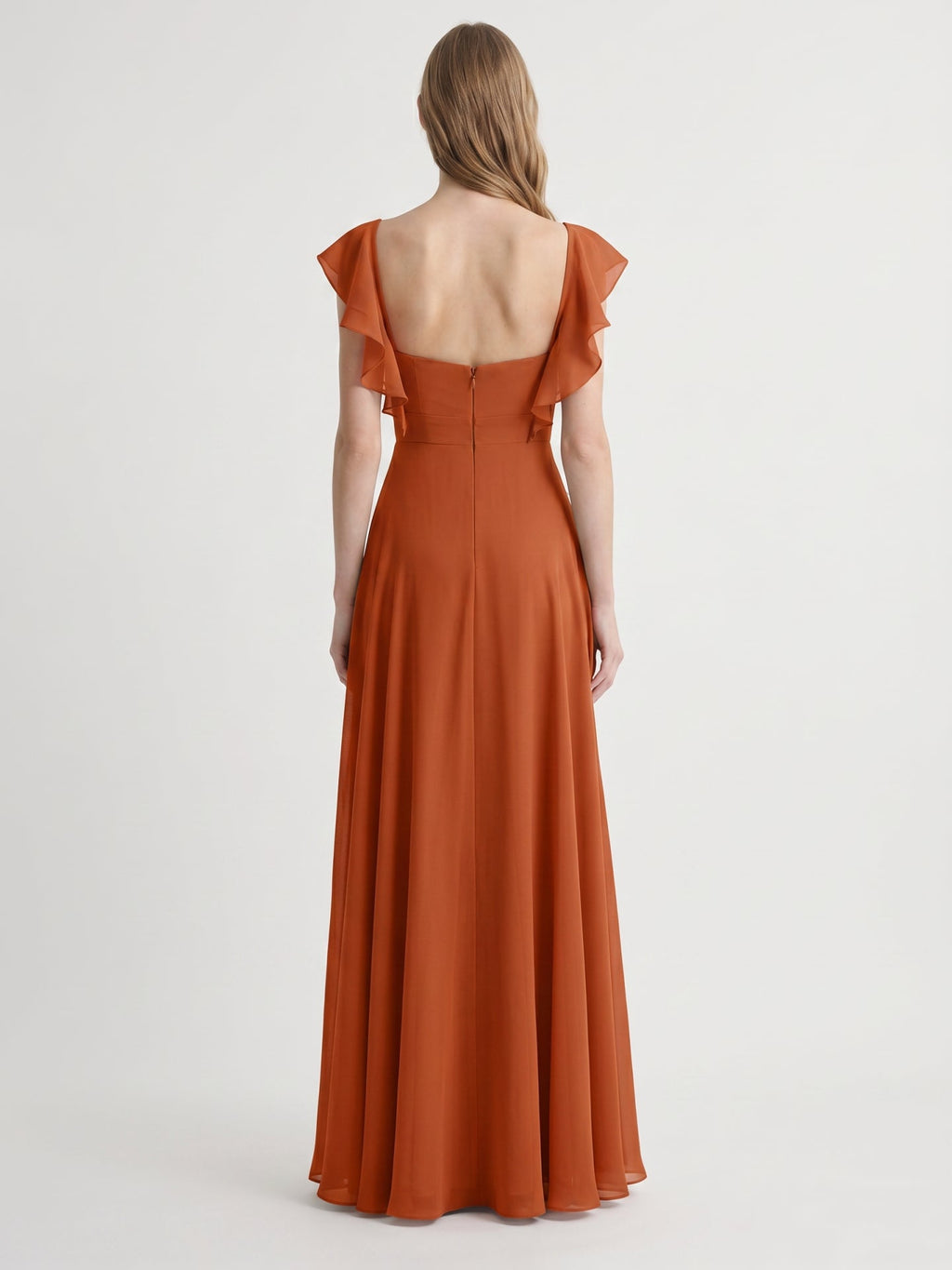 Cinnamon Chiffon A-Line V-Neck Backless Floor-Length Bridesmaid Dress with Ruffles - Curvevia