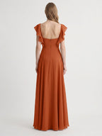 Cinnamon Chiffon A-Line V-Neck Backless Floor-Length Bridesmaid Dress with Ruffles - Curvevia