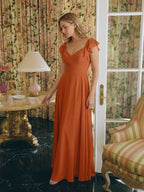 Cinnamon Chiffon A-Line V-Neck Backless Floor-Length Bridesmaid Dress with Ruffles - Curvevia