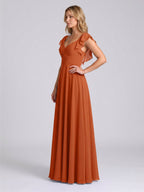Cinnamon Chiffon A-Line V-Neck Backless Floor-Length Bridesmaid Dress with Ruffles - Curvevia