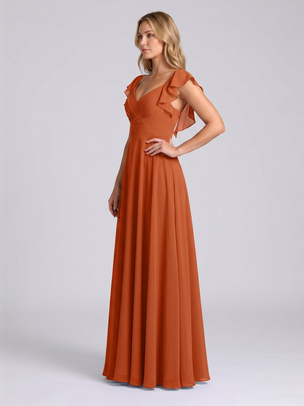Cinnamon Chiffon A-Line V-Neck Backless Floor-Length Bridesmaid Dress with Ruffles - Curvevia