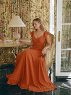 Cinnamon Chiffon A-Line V-Neck Backless Floor-Length Bridesmaid Dress with Ruffles - Curvevia
