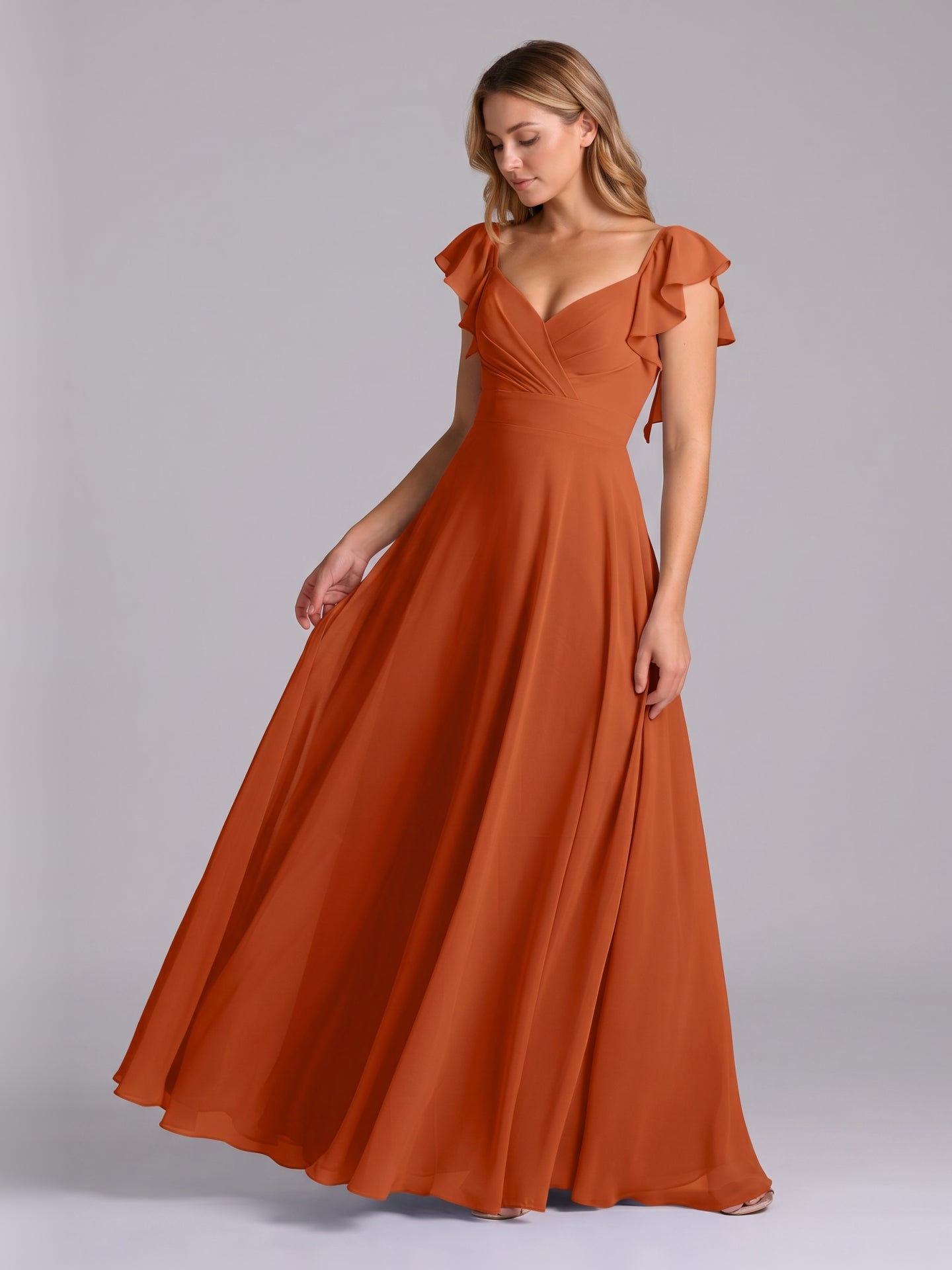 Cinnamon Chiffon A-Line V-Neck Backless Floor-Length Bridesmaid Dress with Ruffles - Curvevia