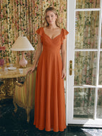 Cinnamon Chiffon A-Line V-Neck Backless Floor-Length Bridesmaid Dress with Ruffles - Curvevia