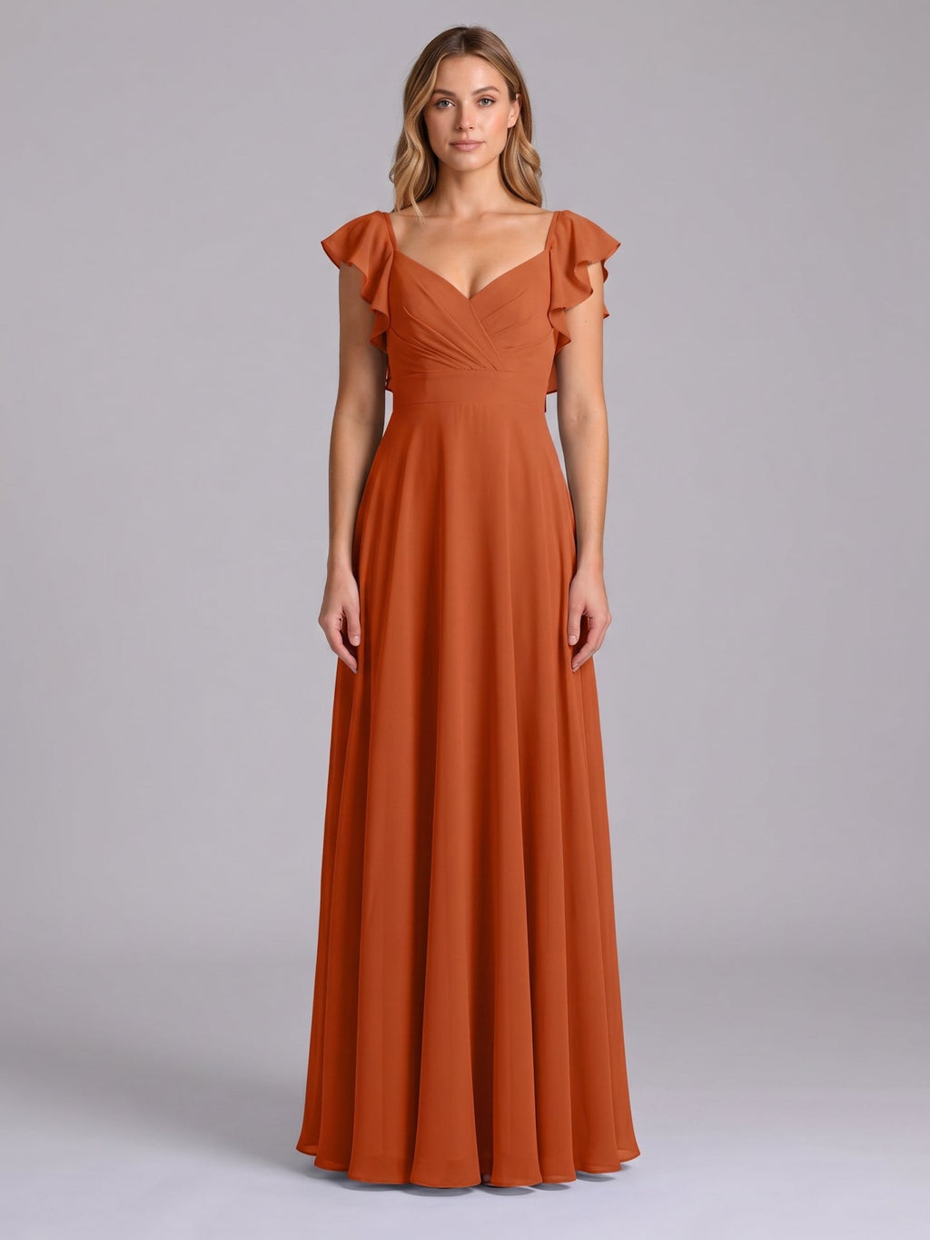 Cinnamon Chiffon A-Line V-Neck Backless Floor-Length Bridesmaid Dress with Ruffles - Curvevia