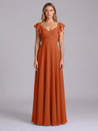 Cinnamon Chiffon A-Line V-Neck Backless Floor-Length Bridesmaid Dress with Ruffles - Curvevia