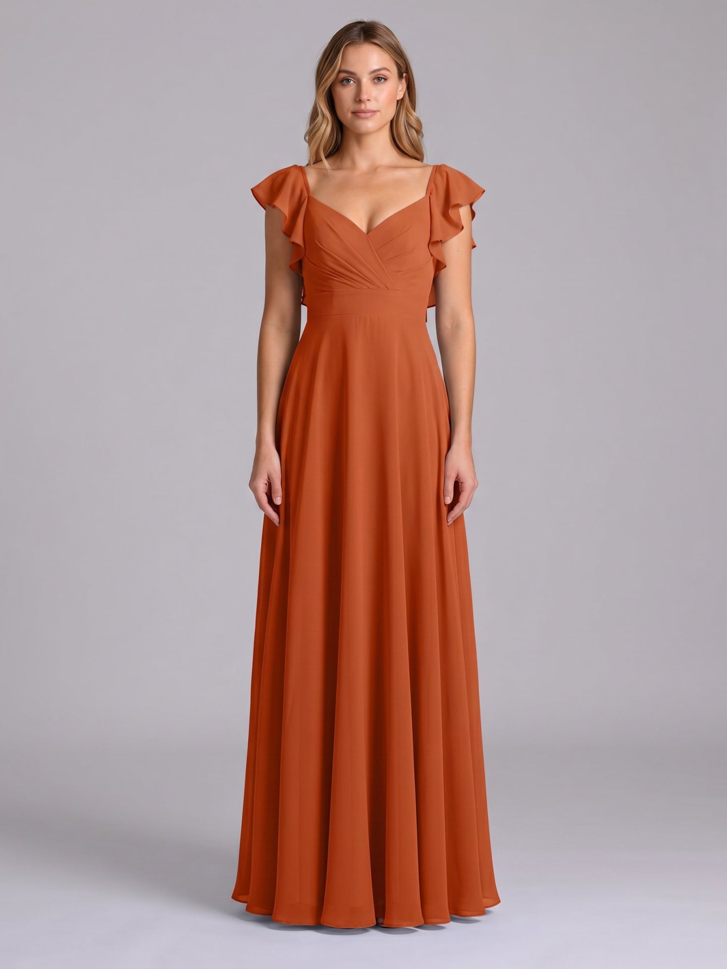Cinnamon Chiffon A-Line V-Neck Backless Floor-Length Bridesmaid Dress with Ruffles - Curvevia