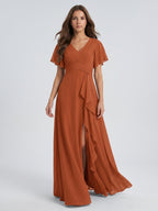 Cinnamon Chiffon A-Line V-Neck Floor-Length Bridesmaid Dress with Cascading Ruffles - Curvevia