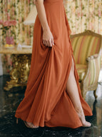 Cinnamon Chiffon A-Line V-Neck Floor-Length Bridesmaid Dress with Cascading Ruffles - Curvevia