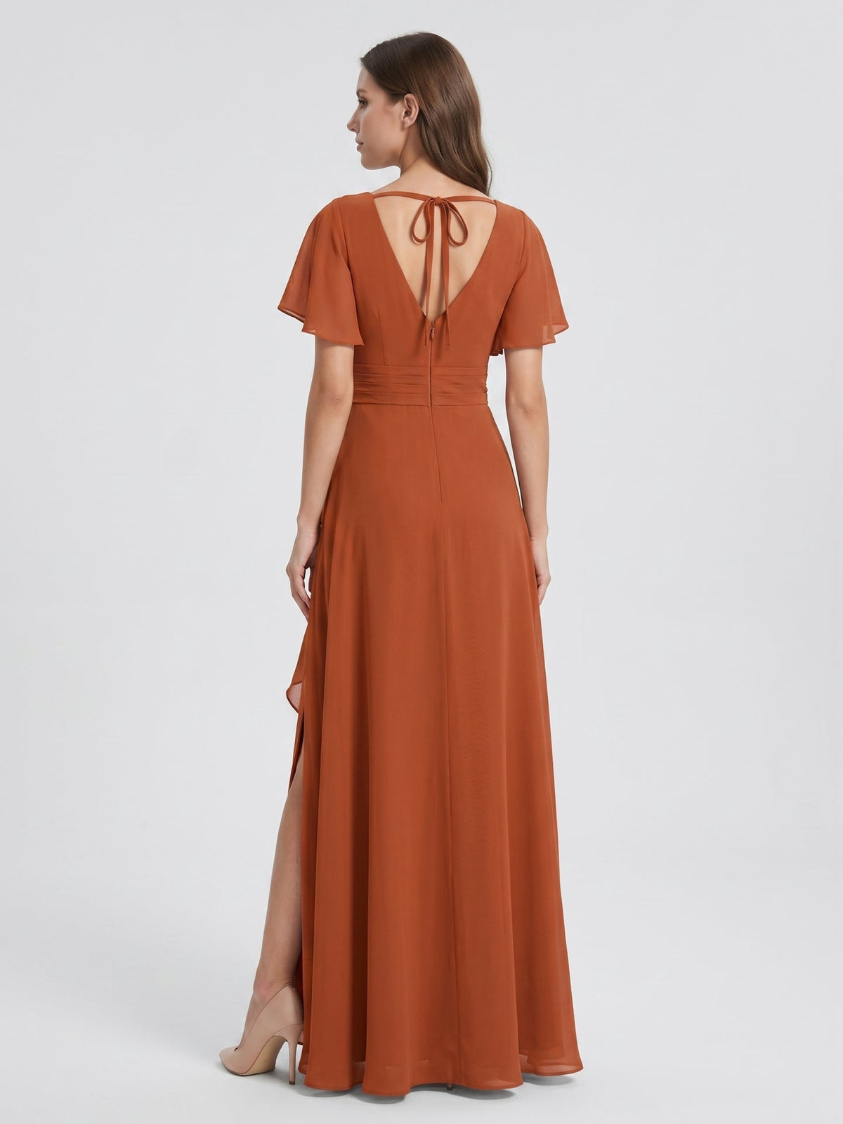 Cinnamon Chiffon A-Line V-Neck Floor-Length Bridesmaid Dress with Cascading Ruffles - Curvevia