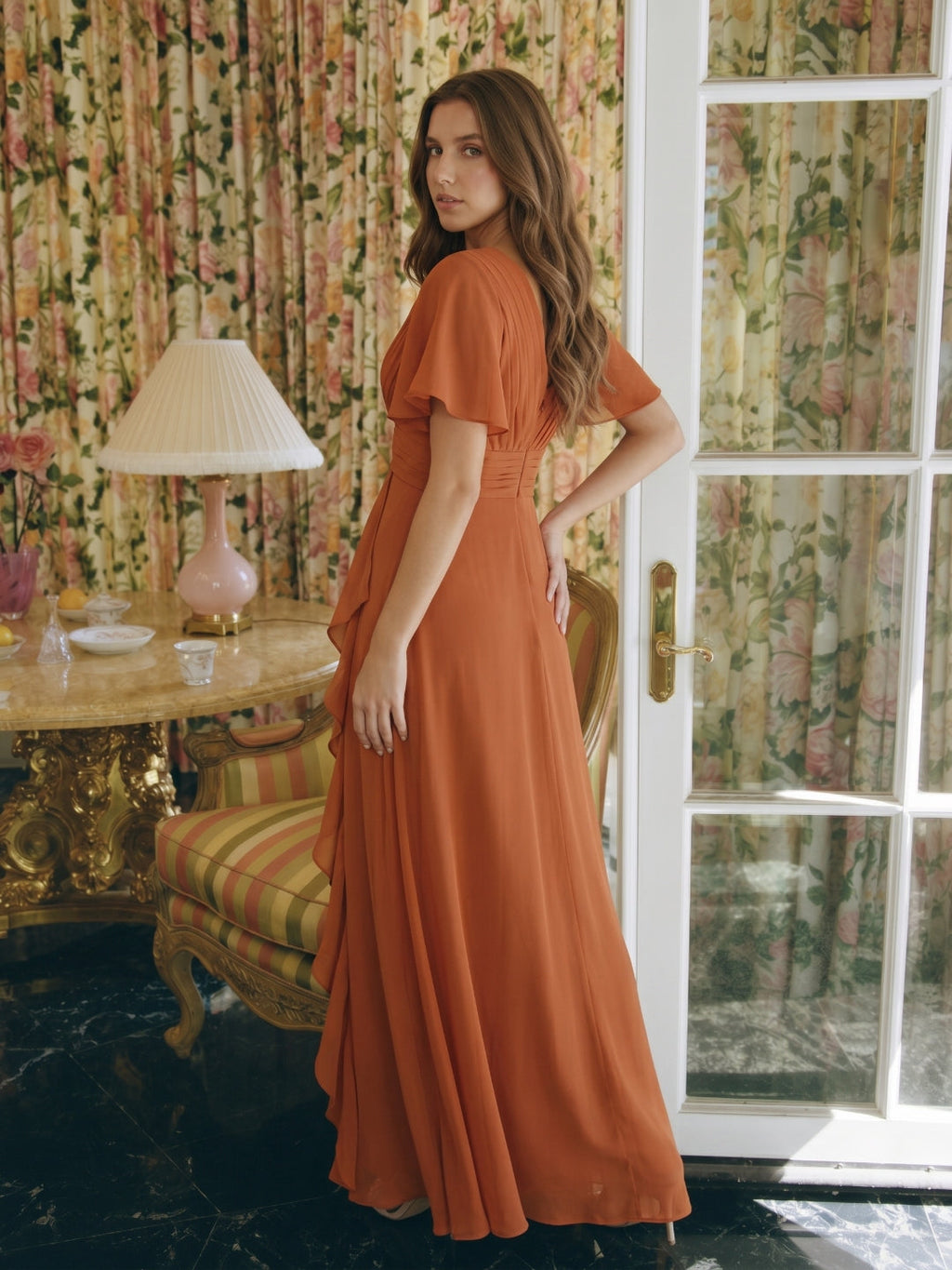 Cinnamon Chiffon A-Line V-Neck Floor-Length Bridesmaid Dress with Cascading Ruffles - Curvevia