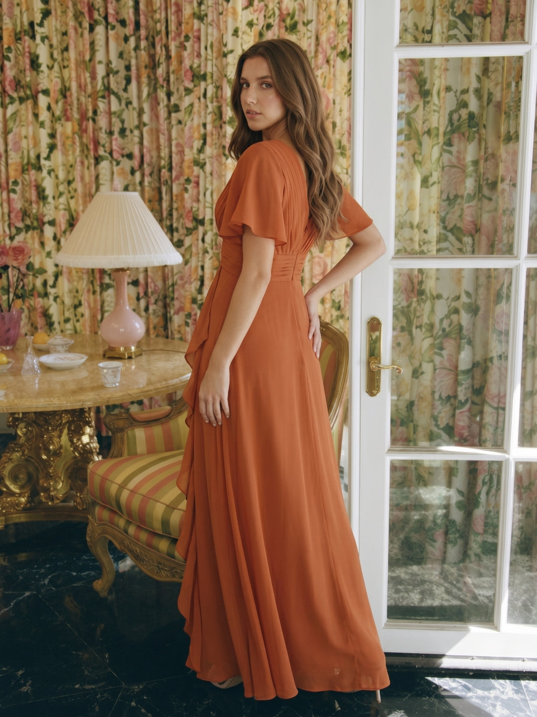 Cinnamon Chiffon A-Line V-Neck Floor-Length Bridesmaid Dress with Cascading Ruffles - Curvevia