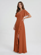 Cinnamon Chiffon A-Line V-Neck Floor-Length Bridesmaid Dress with Cascading Ruffles - Curvevia