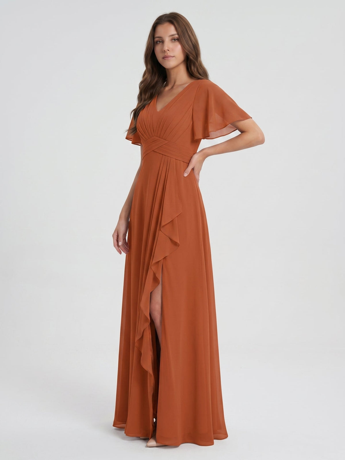 Cinnamon Chiffon A-Line V-Neck Floor-Length Bridesmaid Dress with Cascading Ruffles - Curvevia