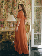 Cinnamon Chiffon A-Line V-Neck Floor-Length Bridesmaid Dress with Cascading Ruffles - Curvevia