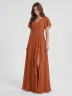 Cinnamon Chiffon A-Line V-Neck Floor-Length Bridesmaid Dress with Cascading Ruffles - Curvevia