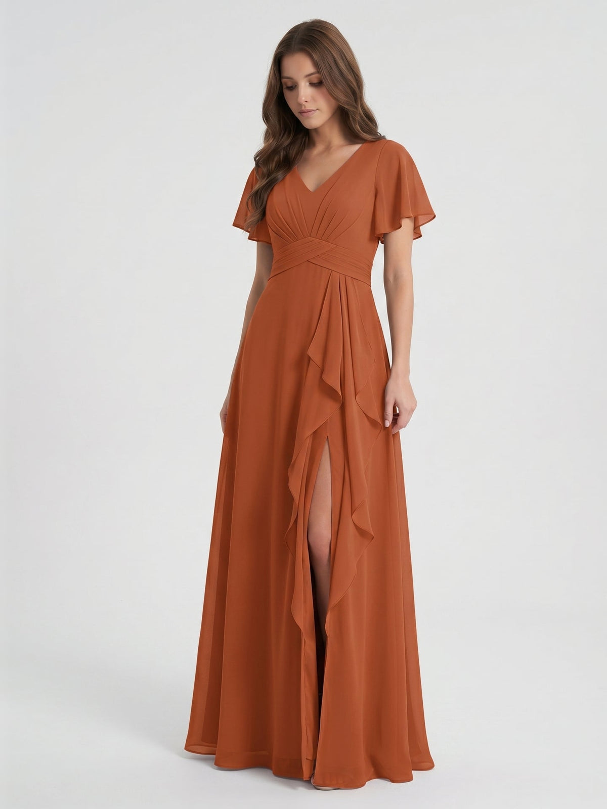 Cinnamon Chiffon A-Line V-Neck Floor-Length Bridesmaid Dress with Cascading Ruffles - Curvevia